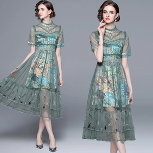 Elegant Floral Embroidery Mesh Midi Dress Short Sleeve Stand Collar Tiered Ruffle Hem Vintage Bohemian Women