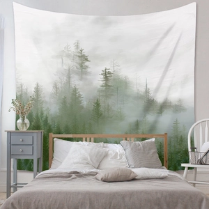 Detailed view of the Nordic foggy forest tapestry hanging as a bedroom wall decoration