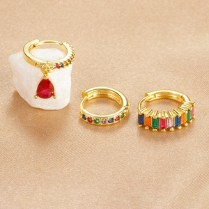 Three-piece set of luxury gold huggie earrings with colorful zircon and water drop pendants