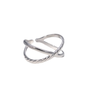 Minimalist silver stainless steel open ring with cross-line adjustable design and polished finish