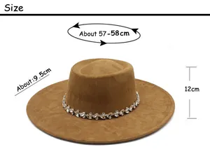 Guide des tailles montrant 57-58cm de tour et 9,5cm de bord pour le chapeau fedora