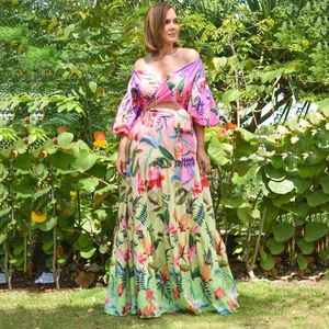 Vestido Largo Sexy con Hombros Descubiertos y Cuello en V para Mujer Estampado Floral Tropical Leopardo Manga Abullonada
