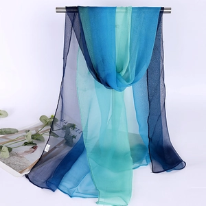 Detail view of lightweight georgette scarf with blue and cyan gradient color transition