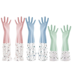 Waterproof fleece-lined household gloves with floral printed cuffs in three colors