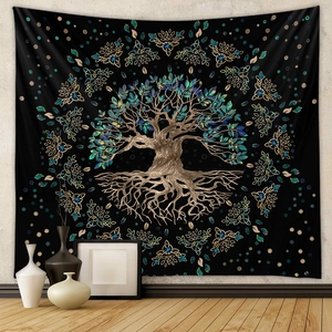 Detailed macro shot of a black Celtic Tree of Life tapestry in a minimalist home setting