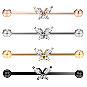 Butterfly Industrial Barbell Piercing Stainless Steel Zircon Inlay Cartilage Scaffold Bridge Earring Jewelry Women
