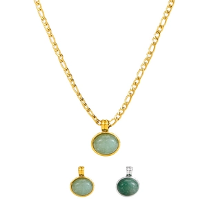 Natural aventurine green stone pendant necklace with golden figaro chain for women