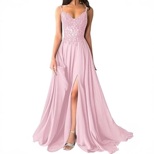 Elegant rose pink sequin lace long dress with V-neck and high slit for formal evening party
