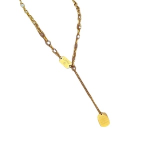 Minimalist Y-shaped titanium steel gold necklace with double engraved lucky pendants