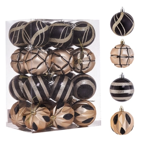 Detail of 6cm black and champagne gold Christmas ornaments with glitter patterns and hangers