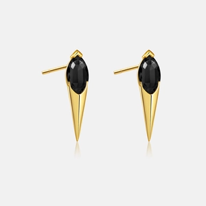 Detail view of S925 silver stud earring with golden spikes and black marquise gemstone