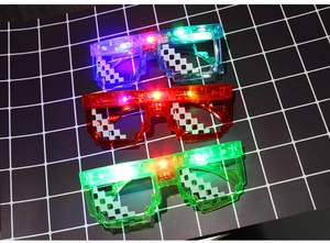 Macro view of blue red and green glowing LED mosaic pixel glasses for party