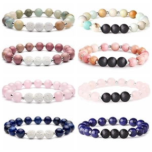 Natural Stone Beaded Bracelet With Lava Rock And Stainless Steel Spacers Elastic Yoga Healing Jewelry For Men Women