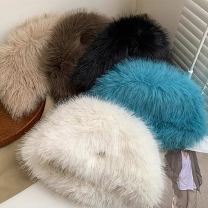 Faux fur bucket hats in various colors including white, beige, coffee, black, and blue