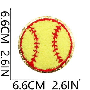 Detail showing 6.6cm softball chenille embroidery patch with gold glitter sequins