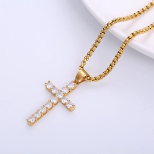 Hip-hop gold plated stainless steel cross necklace with inset cubic zirconia stones