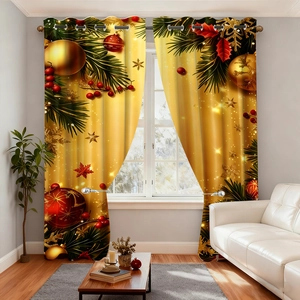 Detail of velvet Christmas curtain with gold holiday balls and pine needle patterns