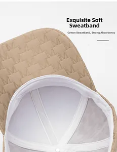 Macro view of cotton sweatband and premium M-pattern embroidery on khaki baseball cap