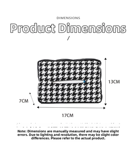 Detailed dimension chart of the houndstooth knitted tissue box holder with 17x7x13cm sizes