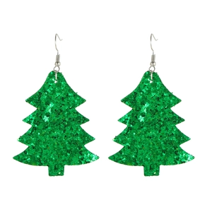 Detail of green glitter Christmas tree drop earrings with silver metal hooks