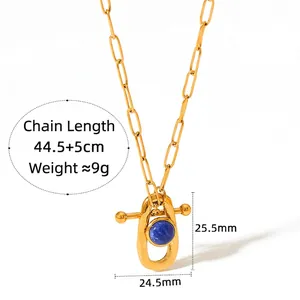 Collier vintage avec pendentif fer à cheval, pierre bleue et maille trombone