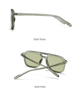 Detail view of double bridge sunglasses with translucent dark green square frames