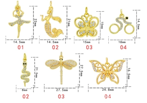 Detailed size chart for various gold-plated copper charms with sparkling zircon inlay