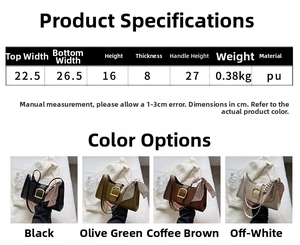 Detailed size chart for minimalist PU leather shoulder bag showing 26.5cm width dimensions