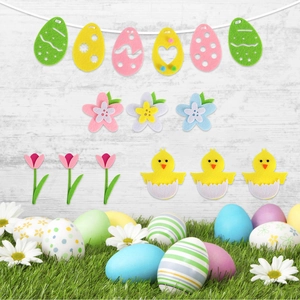 Detail of Easter felt set with colorful eggs, chicks, and tulips for festive decoration