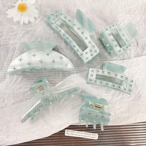 Sky Blue Acetate Rhinestone Hair Claw Clips Elegant Geometric Flower Pattern Shark Clip For Women