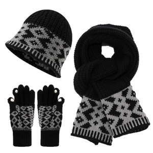 Women's 3-piece winter set with grey geometric knit hat, long scarf, and gloves