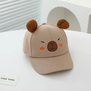 Detailed embroidery of bear face and cute 3D ears on khaki children's cotton baseball cap