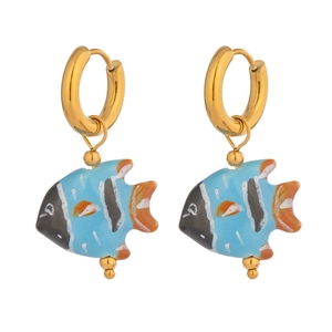 Macro detail of enamel koi fish earrings with colorful blue and orange painted details