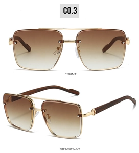 Detail view of double bridge metal sunglasses with wood grain temples and tea gradient lenses