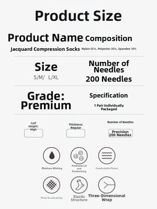 Size chart for jacquard compression socks with detailed material and feature list