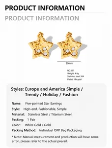 Detailed specs of star stud earrings in 18K gold plated stainless steel with crystals