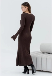 Detail of coffee brown ribbed knit dress featuring a heart-shaped chest cutout