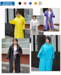Detail showing various colors of adult EVA hooded raincoats with adjustable drawstrings