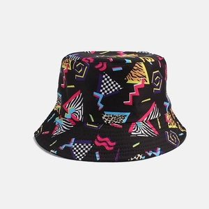 Detailed view of vintage bucket hat with colorful 90s Memphis geometric prints and patterns