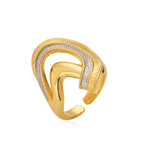 Minimalist geometric two-tone open ring with wave texture in gold and silver finish