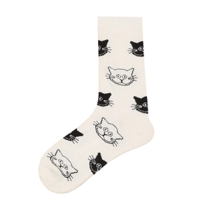Street style cream cotton crew socks with minimalist black and white cartoon cat patterns