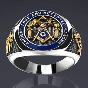 Anillo Masónico para Hombre Bicolor Esmalte Azul Ancient Free And Accepted Masons Joyería de Tótem Religioso Regalo Fraterno
