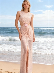 Robe De Soirée Sans Manches Sexy En Maille À Paillettes Avec Taille Évidée Fleur 3D Fente Haute Élégante Robe De Banquet Maxi