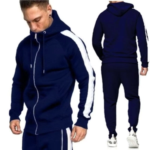 Men's navy blue two-piece tracksuit set with white side stripes and zip-up hoodie