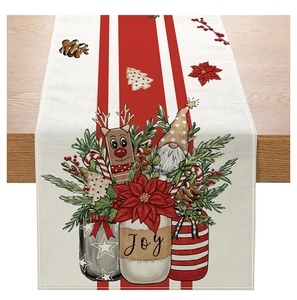 Detailed Christmas table runner with festive gnomes, gingerbread men, and red poinsettia art