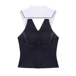 Women's sleeveless navy style top with white sailor collar and contrast stitching