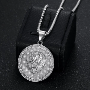 Silver stainless steel hip-hop lion head pendant necklace with clear crystal halo