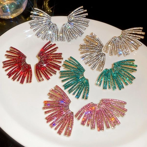 Sparkling geometric fan-shaped stud earrings set with rhinestones in four vibrant colors