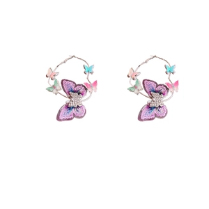 Hoop earrings with purple embroidery butterflies, colorful charms and inlaid diamonds