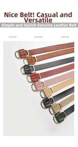 Detailed row of assorted slim genuine cowhide leather belts with elegant metal D-buckles